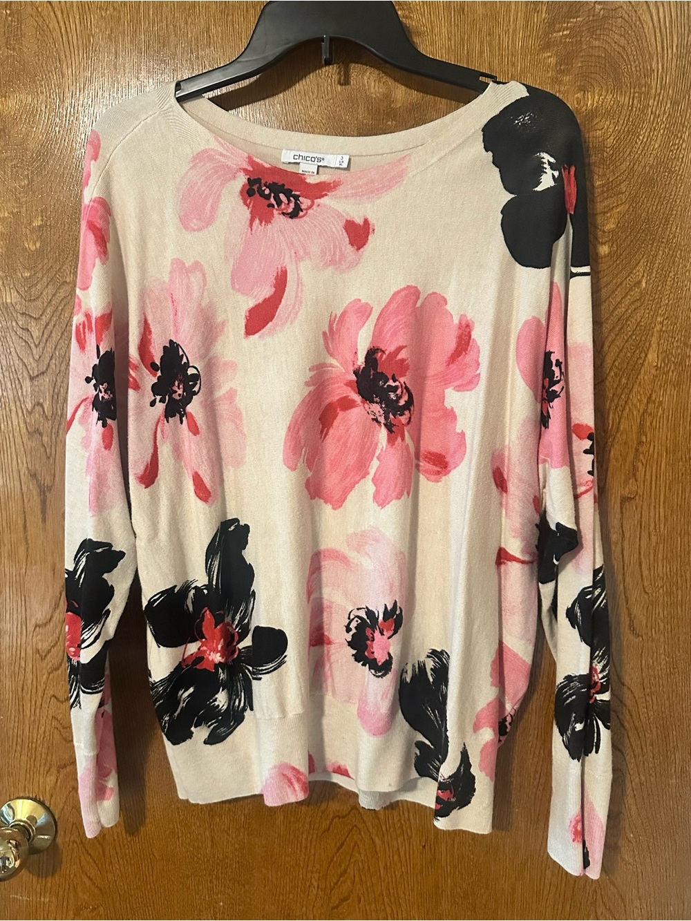 Chico's Pink & Black Floral Crewneck Sweater on Cream